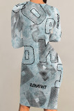 Blue Casual Faux Denim Print Distressed O Neck Printed Dresses