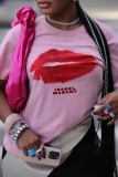 Pink Casual Lips Print Letters O Neck T-Shirts