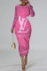 Rose Red Casual Letter Print Gradient Contrast O Neck Printed Dresses