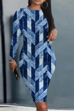Blue Casual Faux Denim Print Distressed O Neck Printed Dresses