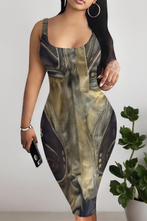 Black Yellow Sexy Faux Denim Print Distressed U Neck Printed Dresses