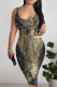 Black Yellow Sexy Faux Denim Print Distressed U Neck Printed Dresses