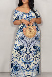 Green Sexy National Totem Geometric Print Flowers Contrast V Neck Printed Dresses