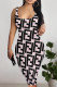 Pink Black Sexy Letter Print Contrast U Neck Printed Dresses