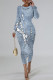 Light Blue Casual Letter Print Gradient Contrast O Neck Printed Dresses