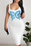 The cowboy blue Sexy Faux Denim Print Distressed U Neck Printed Dresses