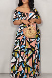 Green Sexy National Totem Geometric Print Flowers Contrast V Neck Printed Dresses