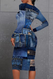 Blue Orange Casual Faux Denim Print Contrast O Neck Printed Dresses
