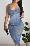 Blue Gray Sexy Faux Denim Print Distressed Contrast U Neck Printed Dresses