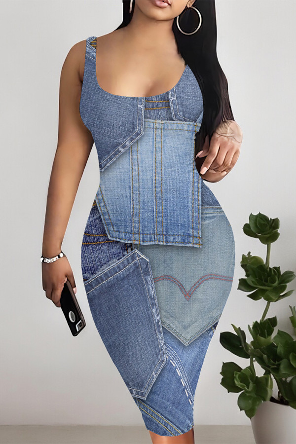 Baby Blue Sexy Faux Denim Print Distressed Contrast U Neck Printed Dresses