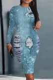 Blue Casual Faux Denim Print Distressed O Neck Printed Dresses