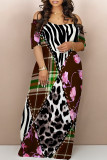 Green Sexy National Totem Geometric Print Flowers Contrast V Neck Printed Dresses