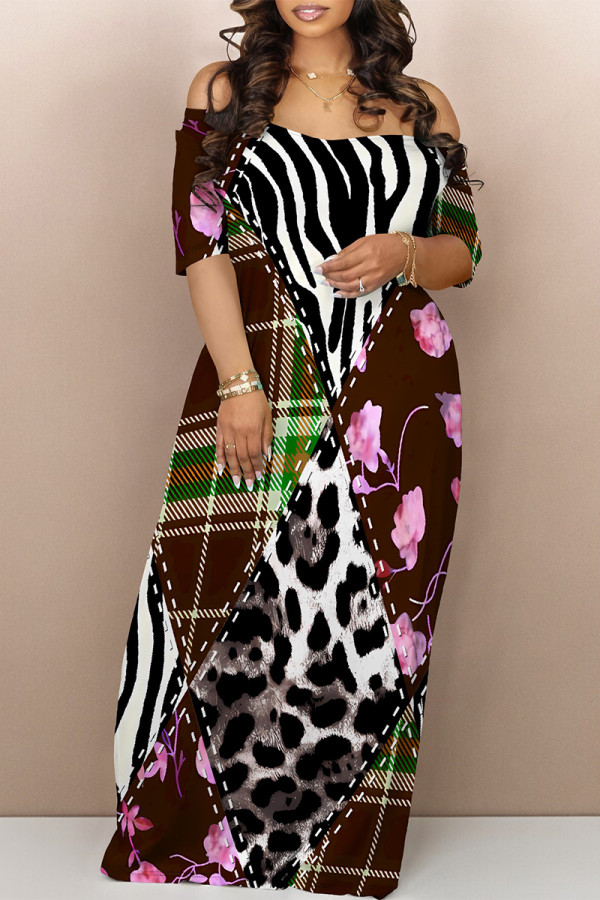 Burgundy Sexy National Totem Geometric Print Flowers Contrast V Neck Printed Dresses