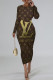 Brown Casual Letter Print Gradient Contrast O Neck Printed Dresses