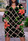 Pink Casual Plaid Floral Print Pocket Contrast V Neck Printed Plus Size Dresses