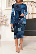 Colorful Blue Casual Faux Denim Print Contrast O Neck Printed Dresses