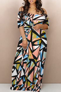 Orange Pink Sexy National Totem Geometric Print Flowers Contrast V Neck Printed Dresses