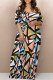 Orange Pink Sexy National Totem Geometric Print Flowers Contrast V Neck Printed Dresses
