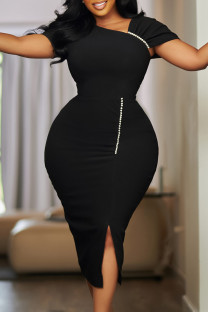 Black Elegant Solid Color Patchwork Beading Asymmetrical Collar Wrapped Skirt Dresses