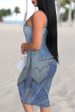 Blue Gray Sexy Faux Denim Print Distressed Contrast U Neck Printed Dresses