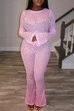 Pink Sexy Solid Color Patchwork O Neck Long Sleeve Two Pieces