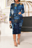 Blue Orange Casual Faux Denim Print Contrast O Neck Printed Dresses