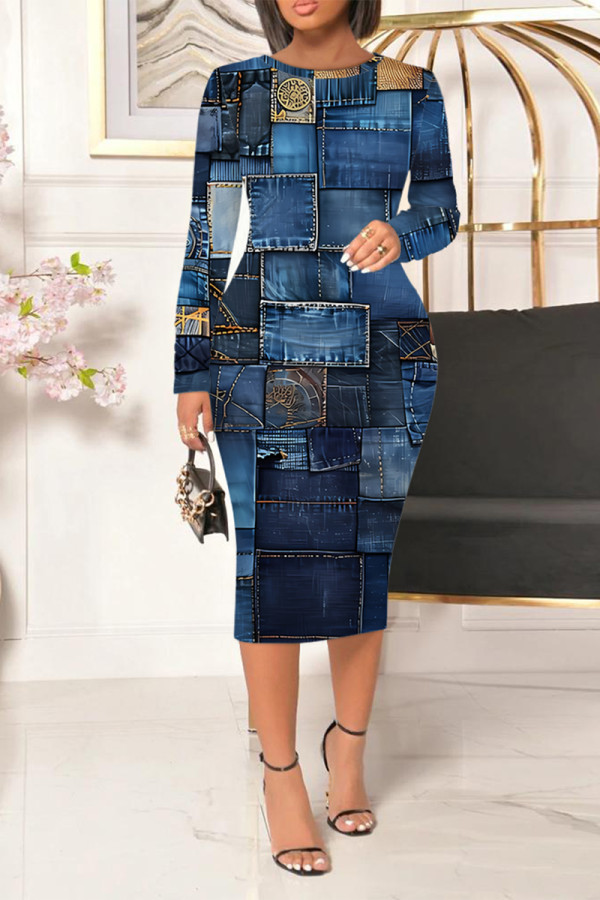 Blue Casual Faux Denim Print Contrast O Neck Printed Dresses
