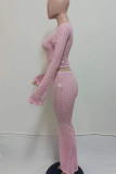 Pink Sexy Solid Color Patchwork O Neck Long Sleeve Two Pieces