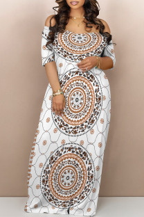 White Sexy National Totem Geometric Print Flowers Contrast V Neck Printed Dresses