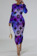 Dark Purple Elegant Letter Print Gradient Contrast O Neck Printed Dresses