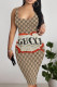 Khaki Sexy Letter Print Gradient Contrast U Neck Printed Dresses