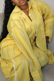 Yellow Casual Stripe Pocket Buckle Patchwork Turndown Collar Long Sleeve Two Pieces