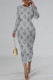 Grey Elegant Letter Print Gradient Contrast O Neck Printed Dresses