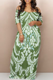 Green Sexy National Totem Geometric Print Flowers Contrast V Neck Printed Dresses