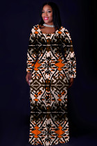 Multicolor Casual National Totem Print Pocket Contrast O Neck Printed Plus Size Dresses