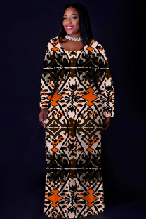 Multicolor Casual National Totem Print Pocket Contrast O Neck Printed Plus Size Dresses