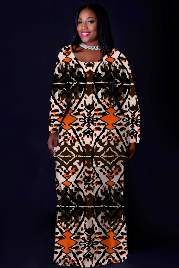 Multicolor Casual National Totem Print Pocket Contrast O Neck Printed Plus Size Dresses