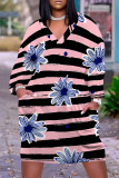 Pink Casual Plaid Floral Print Pocket Contrast V Neck Printed Plus Size Dresses