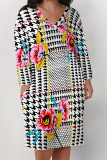 Pink Casual Plaid Floral Print Pocket Contrast V Neck Printed Plus Size Dresses