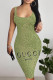 Green Sexy Letter Print Contrast U Neck Printed Dresses