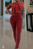 Coffee Casual Solid Color Pocket Patchwork Turndown Collar Long Sleeve Two Pieces