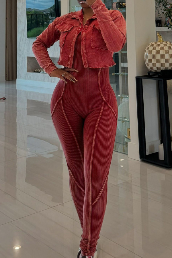 Burgundy Casual Solid Color Pocket Patchwork Turndown Collar Long Sleeve Two Pieces