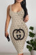 Apricot Sexy Letter Print Contrast U Neck Printed Dresses