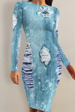 Blue Casual Faux Denim Print Distressed O Neck Printed Dresses