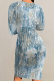 Blue Casual Faux Denim Print Distressed O Neck Printed Dresses