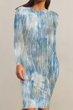 Blue Casual Faux Denim Print Distressed O Neck Printed Dresses