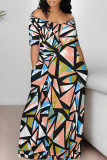 Green Sexy National Totem Geometric Print Flowers Contrast V Neck Printed Dresses