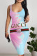 Powder Blue Sexy Letter Print Gradient Contrast U Neck Printed Dresses