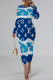 Blue Casual Letter Print Gradient Contrast O Neck Printed Dresses