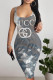 White Grey Sexy Letter Print Gradient Contrast U Neck Printed Dresses